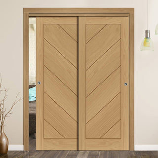 Image: Pass-Easi Two Sliding Doors and Frame Kit - Torino Oak Door - Prefinished