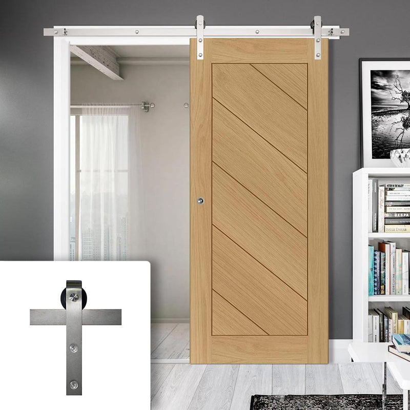 Single Sliding Door & Stainless Barn Steel Track - Torino Oak Door - Prefinished