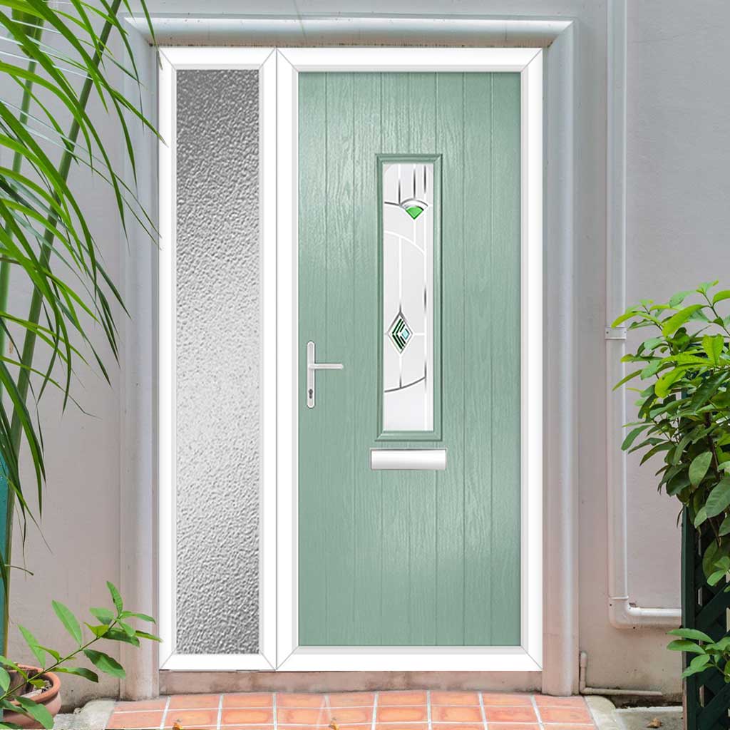 Cottage Style Tortola 1 Composite Front Door Set with Single Side Screen - Murano Green Glass - Shown in Chartwell Green