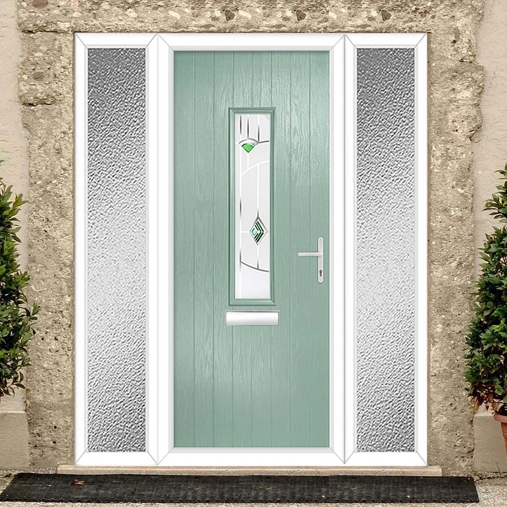 Cottage Style Tortola 1 Composite Front Door Set with Double Side Screen - Murano Green Glass - Shown in Chartwell Green