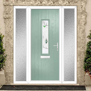Image: Cottage Style Tortola 1 Composite Front Door Set with Double Side Screen - Murano Green Glass - Shown in Chartwell Green