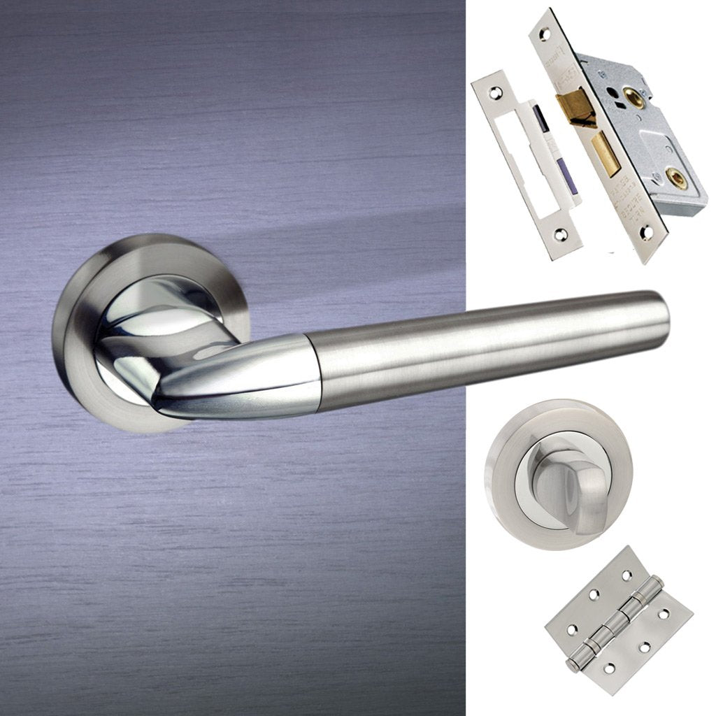 Toulon Mediterranean Bathroom Lever on Rose - Satin Nickel - Polished Chrome Handle Pack