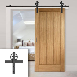 Image: Single Sliding Door & Wagon Wheel Black Track - Suffolk Essential Oak Door - Unfinished