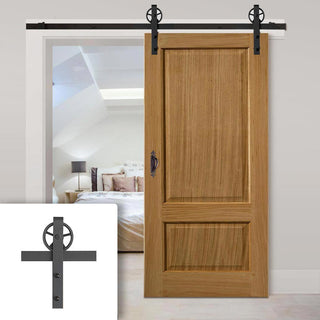 Image: Single Sliding Door & Wagon Wheel Black Track - Trent 2 Panel Oak Door - Prefinished