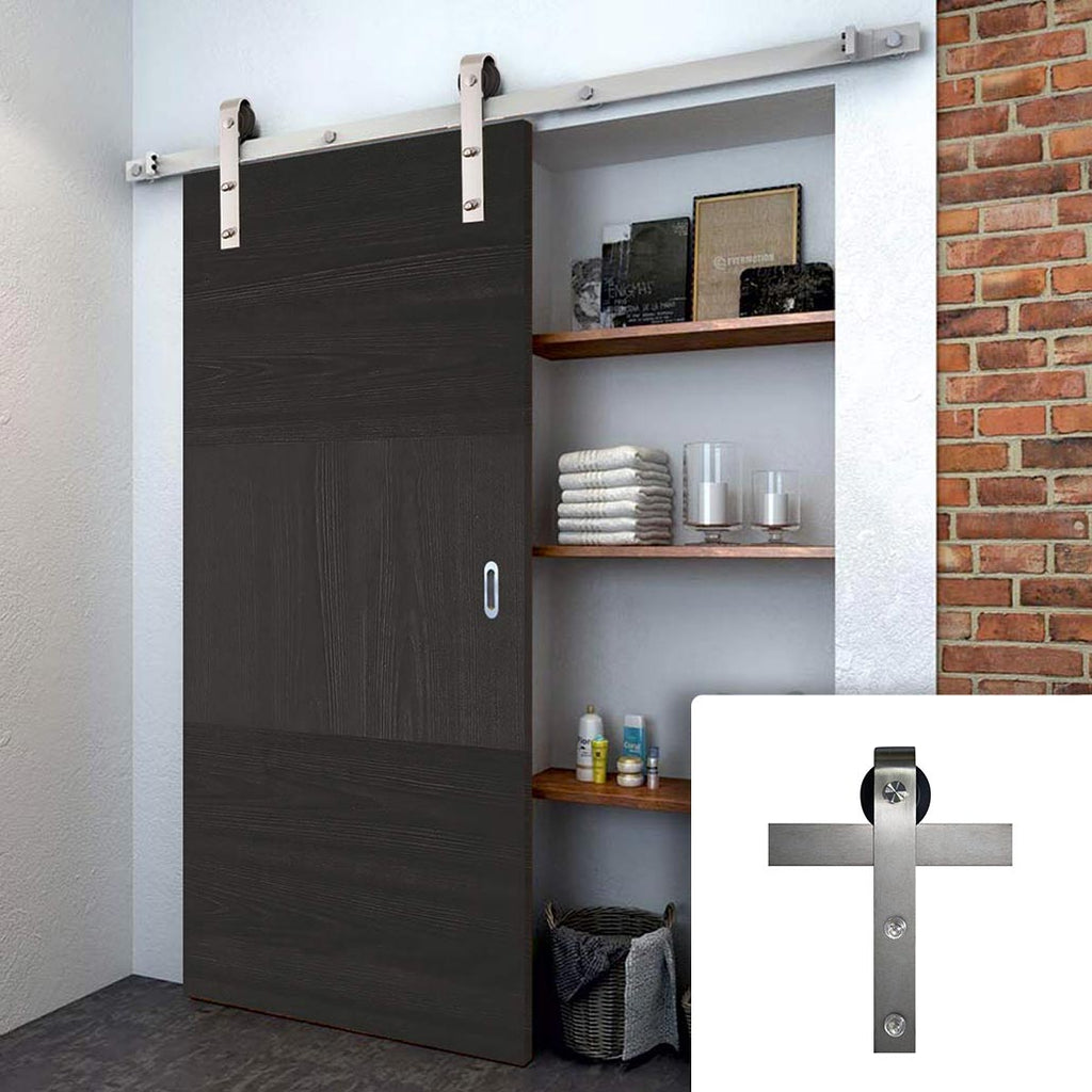 Single Sliding Door & Stainless Steel Barn Track - Tres Charcoal Stainless Steel Flush Door - Prefinished