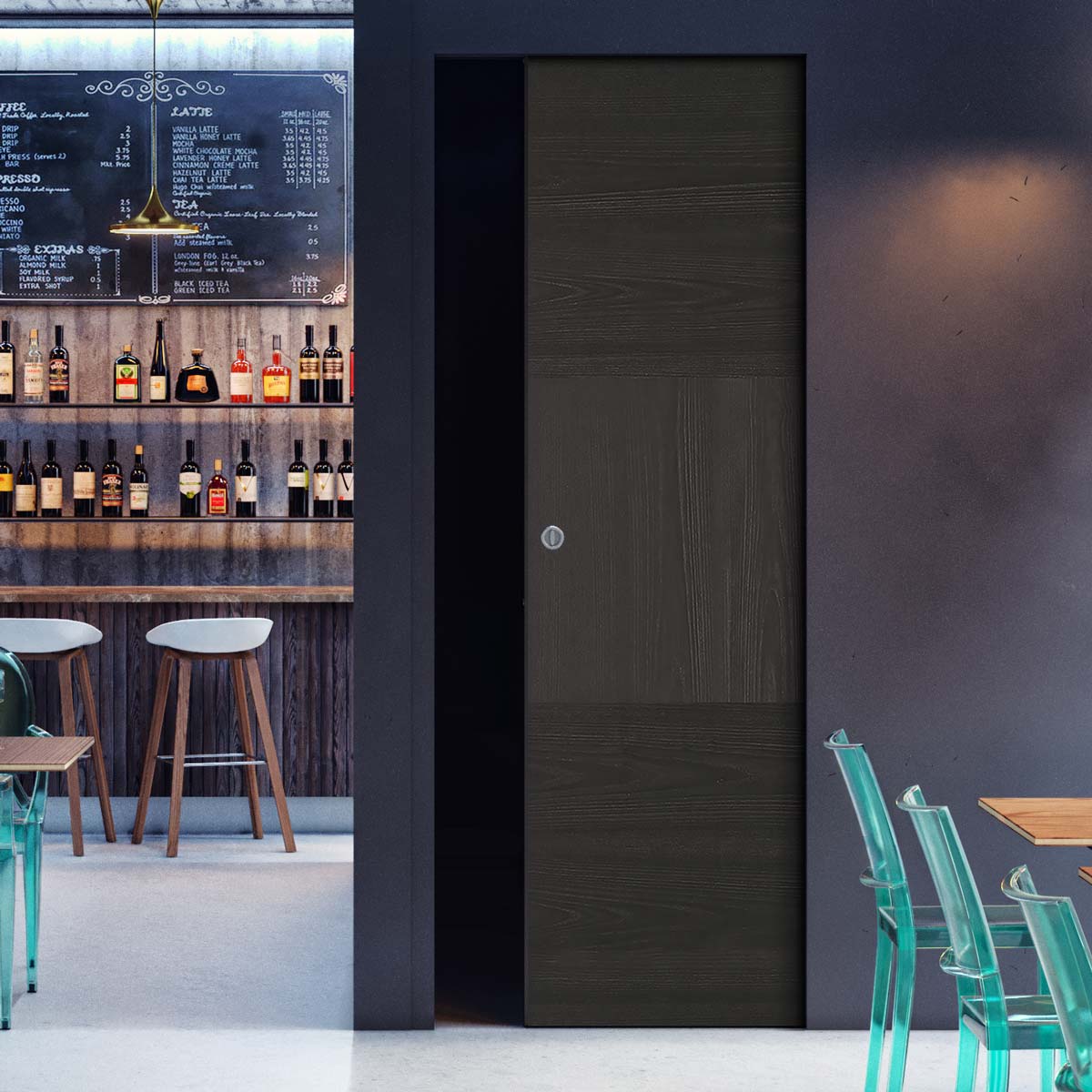 Tres Charcoal Black Flush Absolute Evokit Single Pocket Door - Prefinished