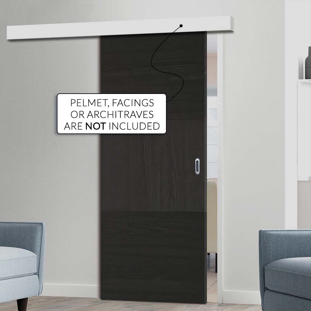 Single Sliding Door & Wall Track - Tres Charcoal Black Flush Door - Prefinished