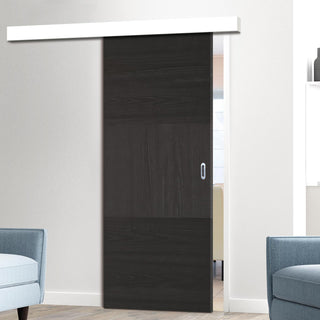 Image: Single Sliding Door & Wall Track - Tres Charcoal Black Flush Door - Prefinished
