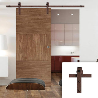 Image: Single Sliding Door & Straight Antique Rust Track - Tres Walnut Flush Door - Prefinished