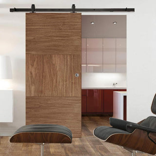 Image: Top Mounted Black Sliding Track & Door - Tres Walnut Flush Door - Prefinished