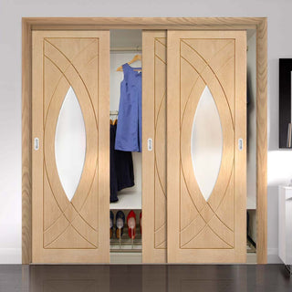 Image: Bespoke Thruslide Treviso Oak Glazed 3 Door Wardrobe and Frame Kit - Prefinished