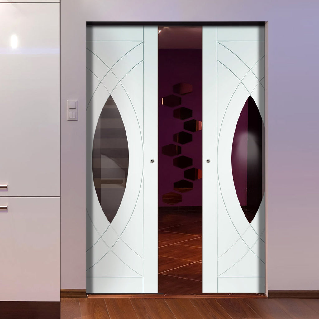Bespoke Treviso White Primed Glazed Double Frameless Pocket Door