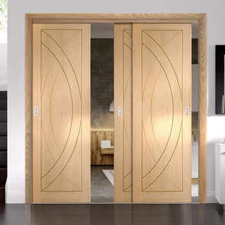 Image: Bespoke Thruslide Treviso Oak Flush - 3 Sliding Doors and Frame Kit