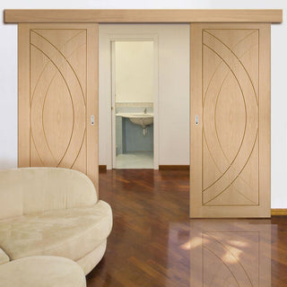 Image: Bespoke Thruslide Surface Treviso Oak Flush - Sliding Double Door and Track Kit - Prefinished