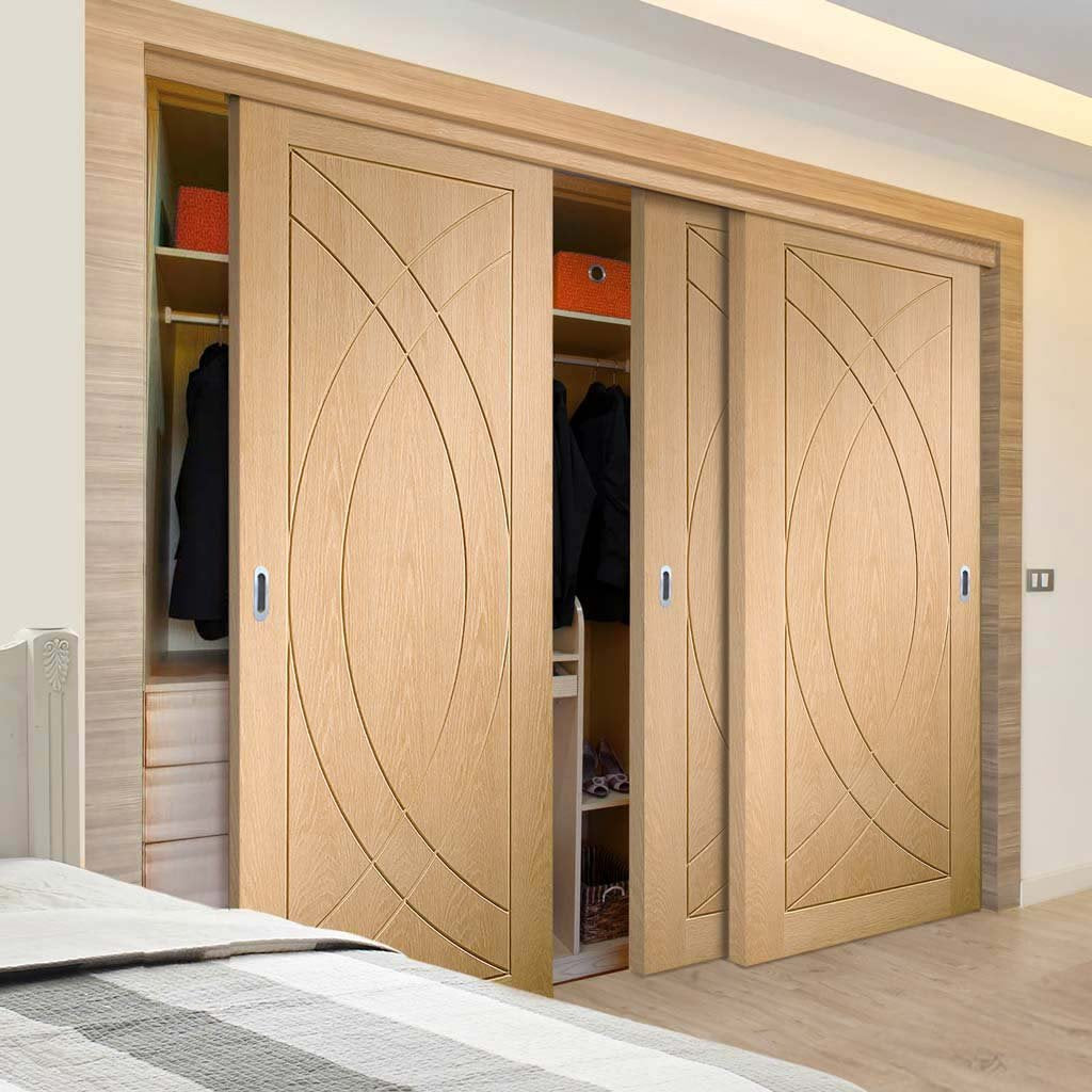 Three Sliding Wardrobe Doors & Frame Kit - Treviso Oak Flush Door - Unfinished