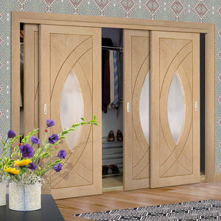 Image: Bespoke Thruslide Treviso Oak Glazed 4 Door Wardrobe and Frame Kit - Prefinished