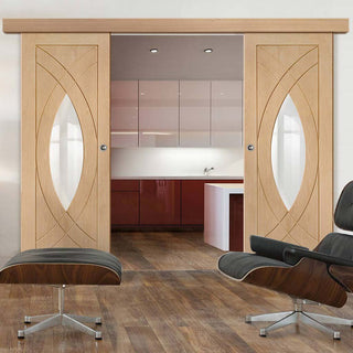 Image: Bespoke Thruslide Surface Treviso Oak Glazed - Sliding Double Door and Track Kit