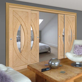 Image: Bespoke Thruslide Treviso Oak Glazed - 4 Sliding Doors and Frame Kit - Prefinished