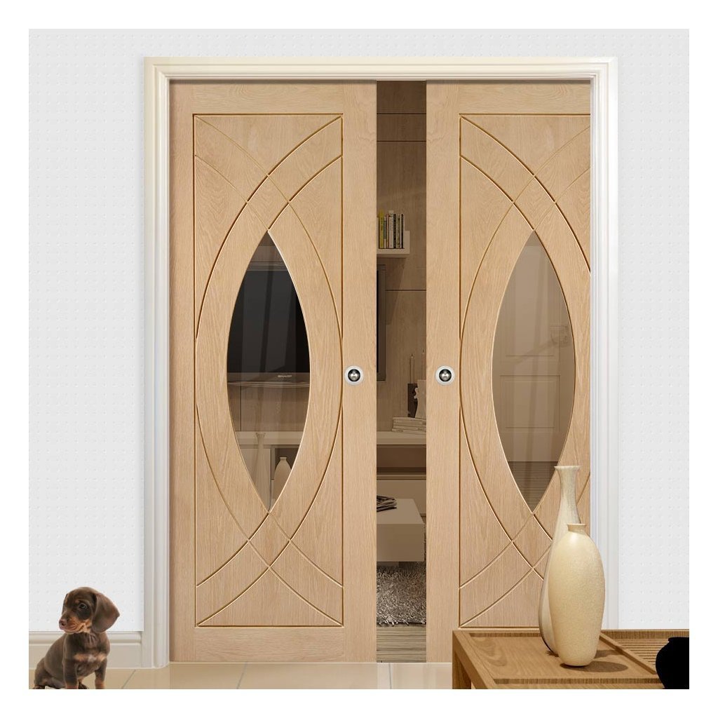Treviso Oak Double Evokit Pocket Doors - Clear Glass - Prefinished