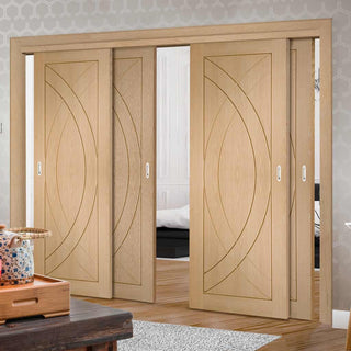 Image: Bespoke Thruslide Treviso Oak Flush - 4 Sliding Doors and Frame Kit - Prefinished