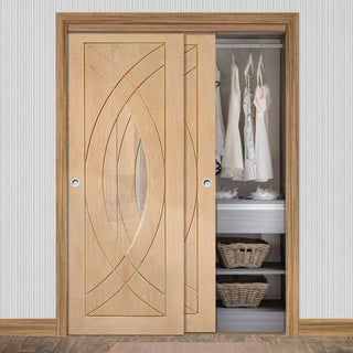 Image: Bespoke Thruslide Treviso Oak Glazed 2 Door Wardrobe and Frame Kit - Prefinished