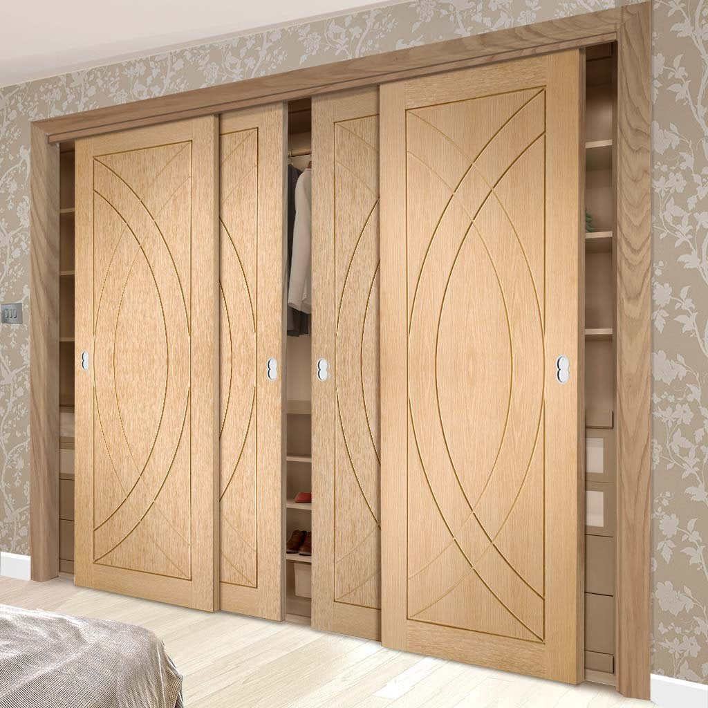 Four Sliding Wardrobe Doors & Frame Kit - Treviso Oak Flush Door - Prefinished