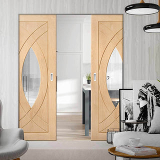 Image: Bespoke Treviso Oak Glazed Double Frameless Pocket Door - Prefinished