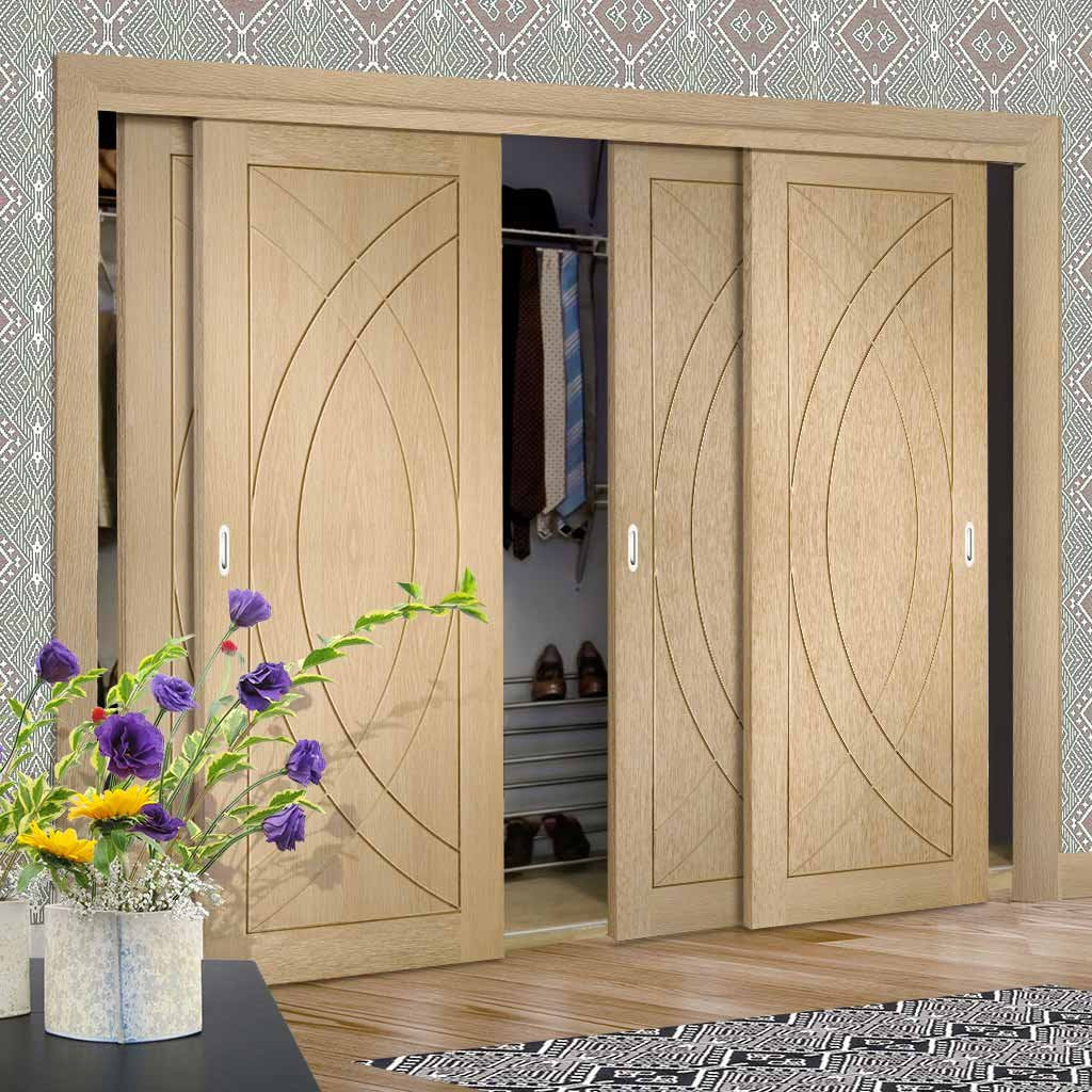 Four Sliding Wardrobe Doors & Frame Kit - Treviso Oak Flush Door - Unfinished
