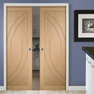 Image: Treviso Oak Flush Double Evokit Pocket Doors - Prefinished