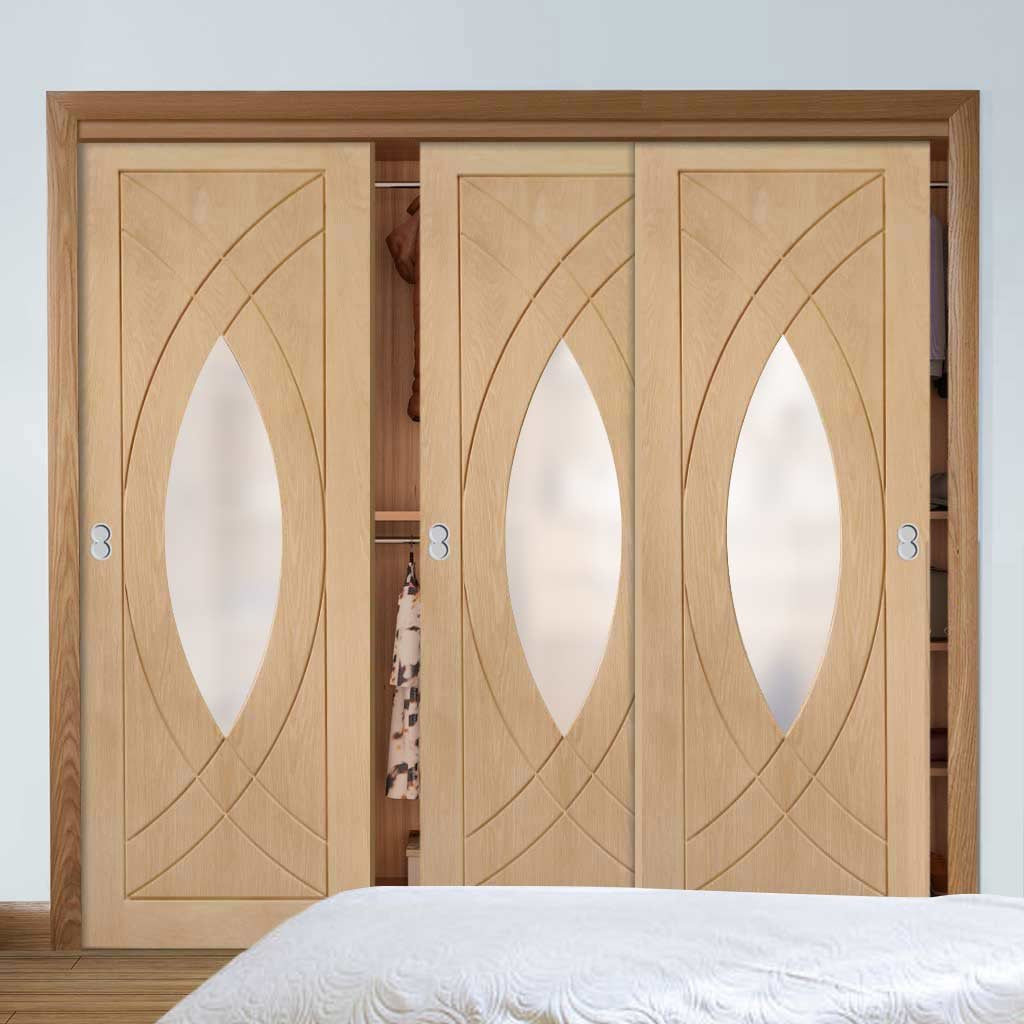 Bespoke Thruslide Treviso Oak Glazed 3 Door Wardrobe and Frame Kit