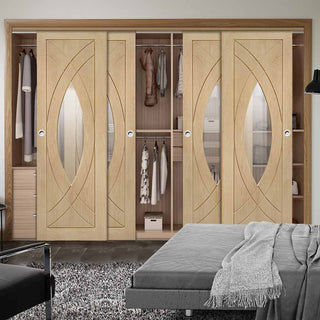 Image: Bespoke Thruslide Treviso Oak Glazed 4 Door Wardrobe and Frame Kit
