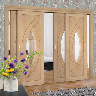 Image: Bespoke Thruslide Treviso Oak Glazed - 4 Sliding Doors and Frame Kit