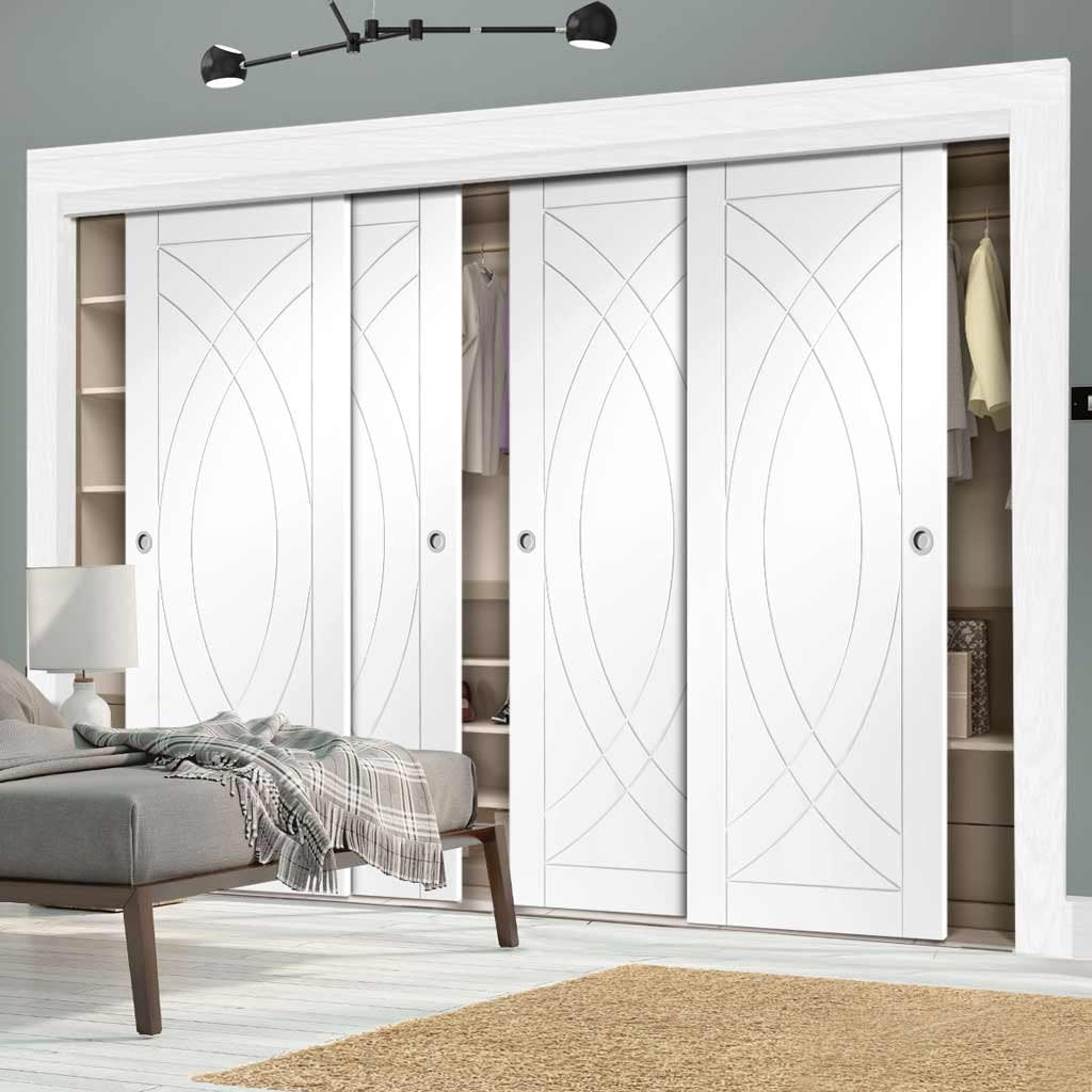 Four Sliding Wardrobe Doors & Frame Kit - Treviso Flush Door - White Primed