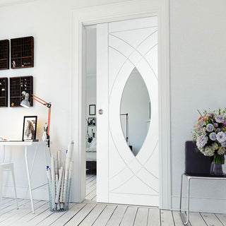 Image: Bespoke Treviso White Primed Oak Glazed Single Pocket Door