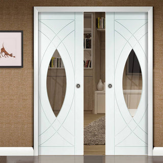 Image: Bespoke Treviso White Primed Oak Glazed Double Pocket Door