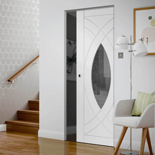 Image: Bespoke Treviso White Primed Oak Glazed Single Frameless Pocket Door