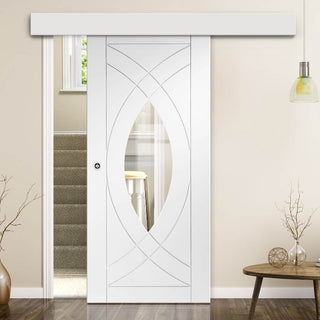 Image: Bespoke Thruslide Surface Treviso Glazed - Sliding Door and Track Kit - White Primed