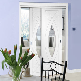 Image: Bespoke Thruslide Treviso Oak Glazed - 2 Sliding Doors and Frame Kit - White Primed