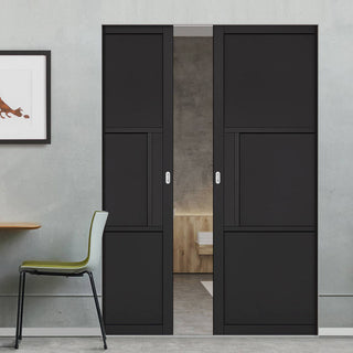 Image: Tribeca 3 Panel Black Painted Absolute Evokit Double Pocket Door - Prefinished