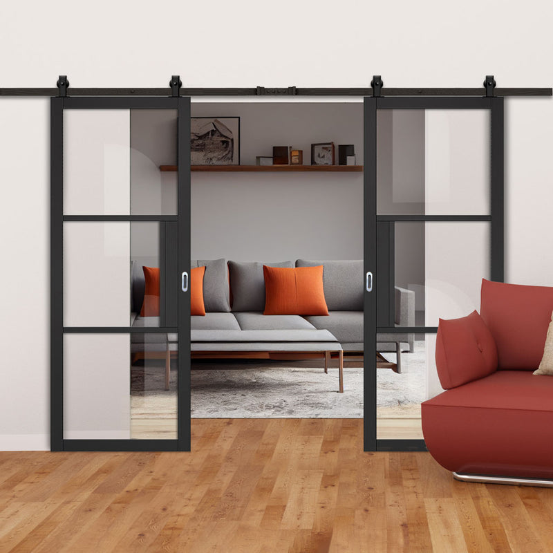 Top Mounted Black Sliding Track & Double Door - Tribeca 3 Pane Black Painted Doors - Clear Glass