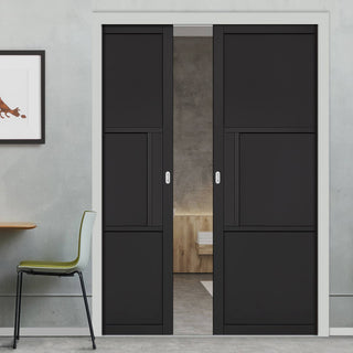 Image: Tribeca 3 Panel Black Painted Double Evokit Pocket Doors - Prefinished
