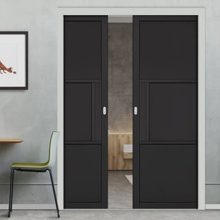 Image: Tribeca 3 Panel Black Primed Double Evokit Pocket Doors