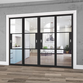 Image: Pass-Easi Four Sliding Doors and Frame Kit - Tribeca 3 Pane Black Painted Door - Clear Glass
