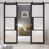 Top Mounted Black Sliding Track & Double Door - Tribeca 3 Pane Black Painted Doors - Reeded Glass