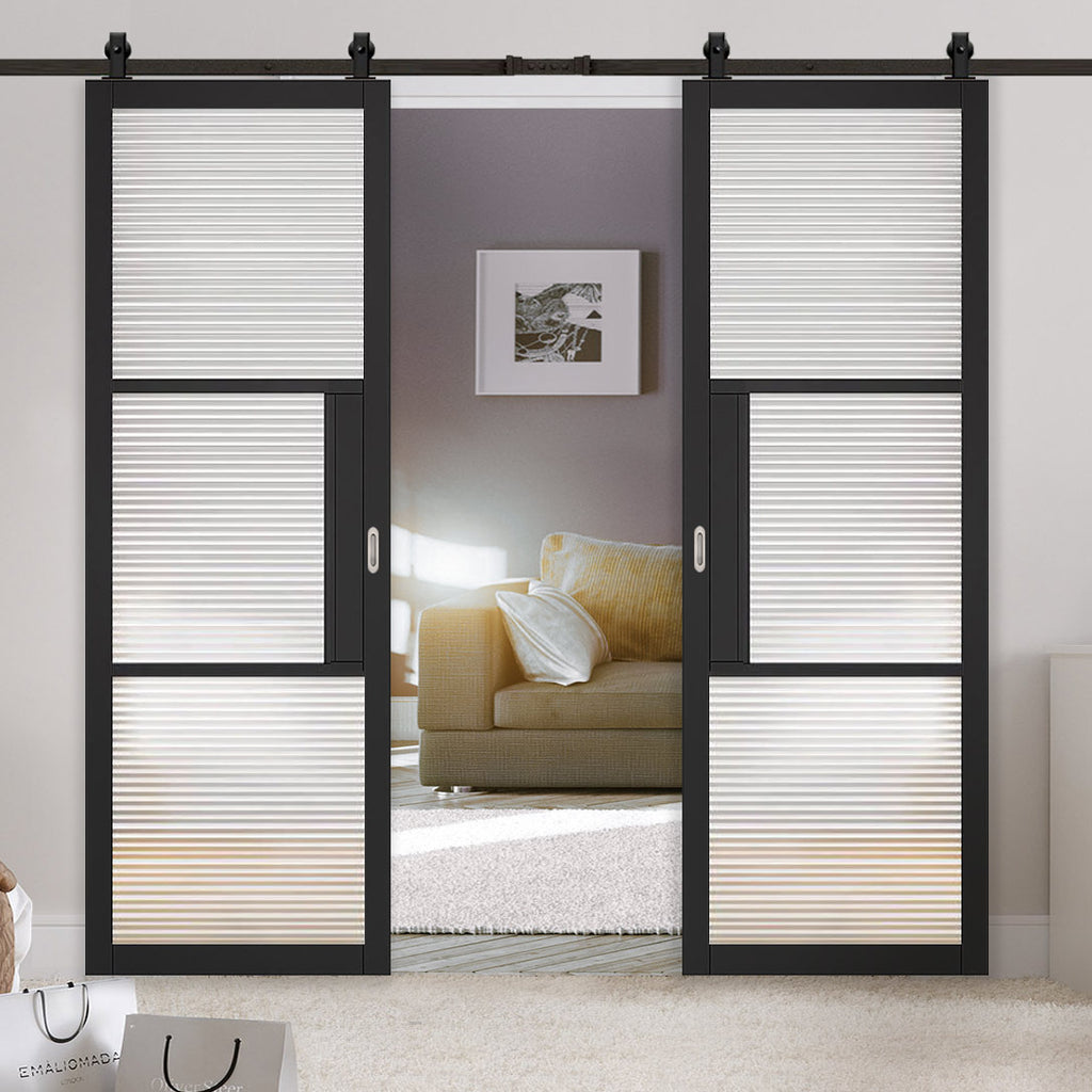 Top Mounted Black Sliding Track & Double Door - Tribeca 3 Pane Black Painted Doors - Reeded Glass