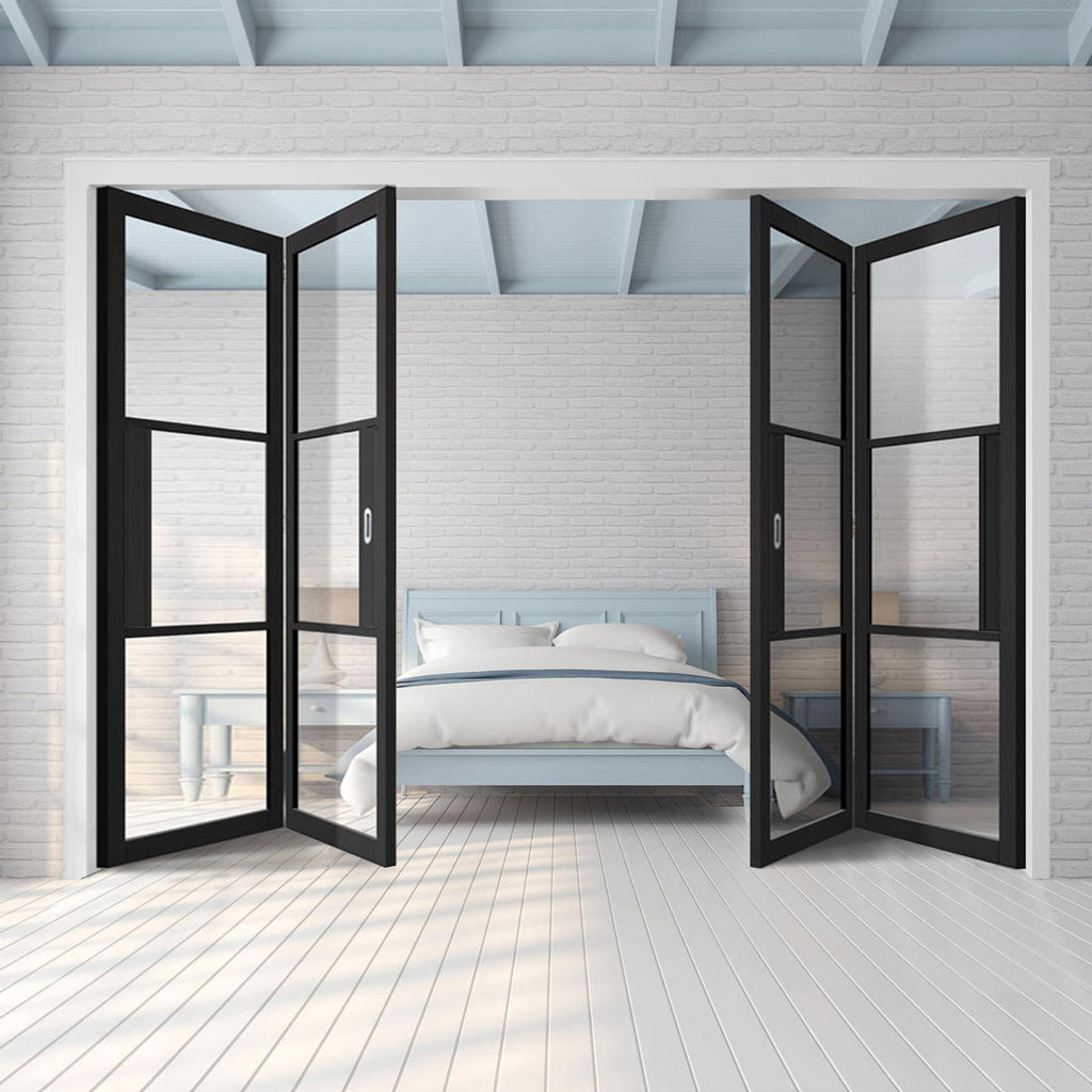 Four Folding Doors & Frame Kit - Tribeca 3 Pane Black Primed 2+2 - Clear Glass