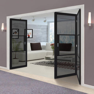 Image: Three Folding Doors & Frame Kit - Tribeca 3 Pane Black Primed 2+1 - Tinted Glass