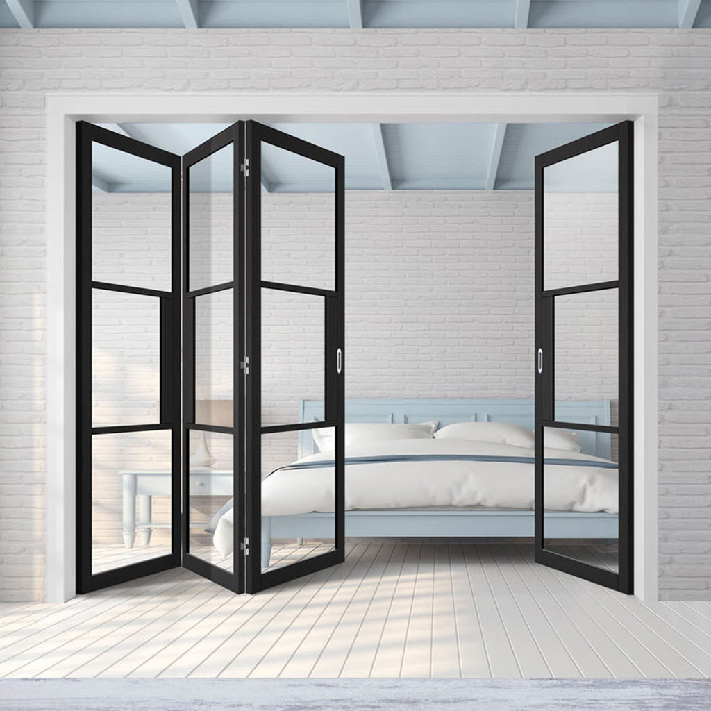 Four Folding Doors & Frame Kit - Tribeca 3 Pane Black Primed 3+1 - Clear Glass