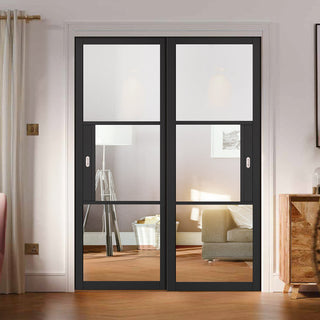 Image: Pass-Easi Two Sliding Doors and Frame Kit - Tribeca 3 Pane Black Primed Door - Clear Glass