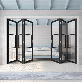 Image: Six Folding Doors & Frame Kit - Tribeca 3 Pane Black Primed 3+3 - Clear Glass